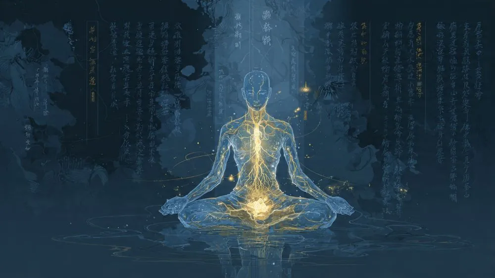 A cultivator meditating with glowing spiritual root channels visible inside their body