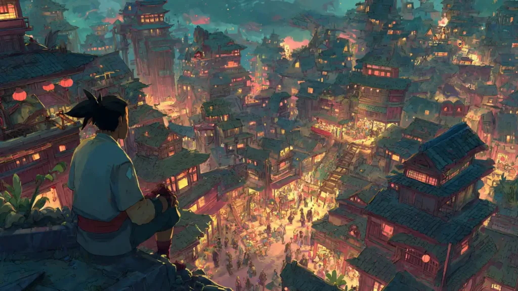 Reincarnated cultivator standing in a living city he previously watched fall, representing Nie Li's second chance in Tales of Demons and Gods.