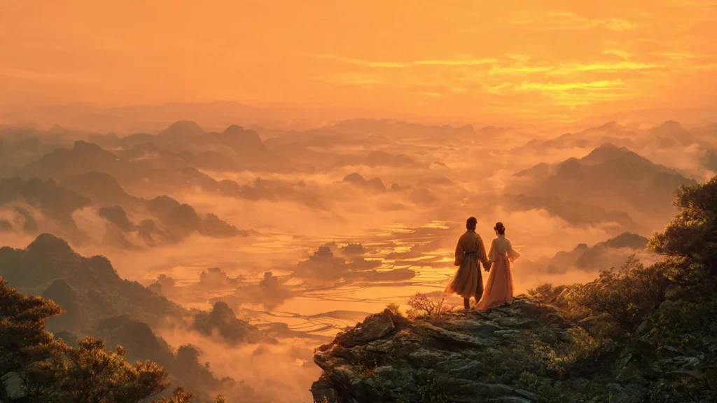 Wuxia hero and heroine overlooking a Song Dynasty Chinese landscape representing Guo Jing and Huang Rong from Condor Heroes