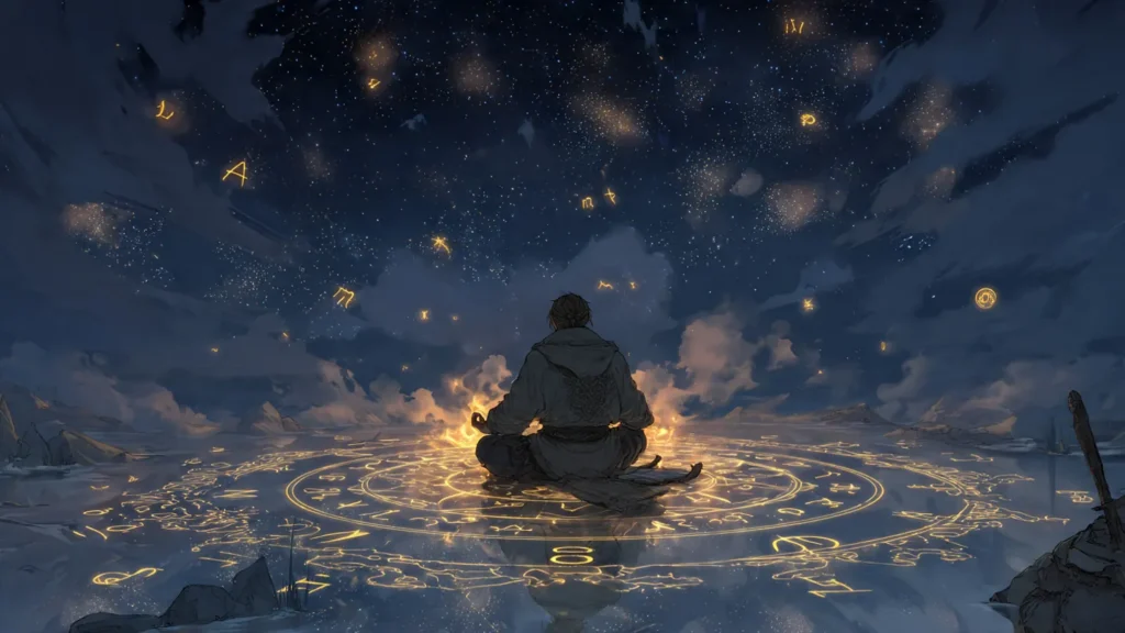 A cultivator absorbs ambient qi while meditating in the mountains.