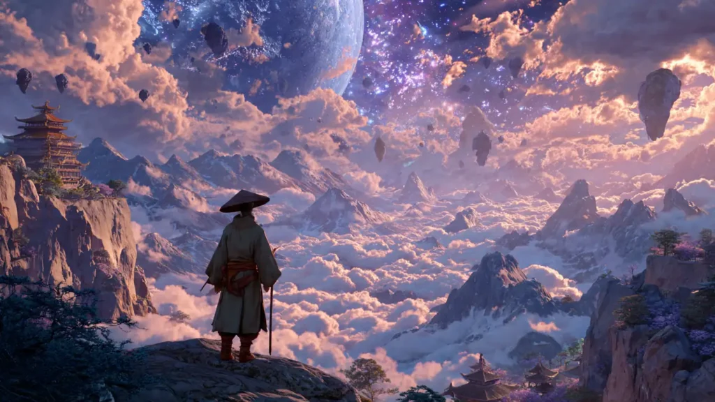 small cultivator overlooking a massive celestial realm above