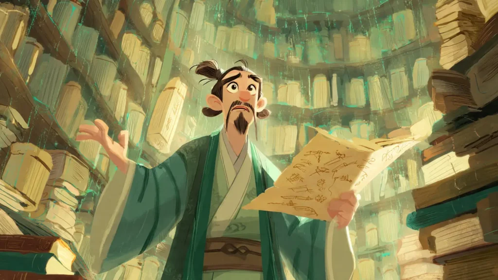 Transmigrated cultivator studying a rewritten story outline in a bamboo library representing Shen Qingqiu from Scum Villain's Self-Saving System