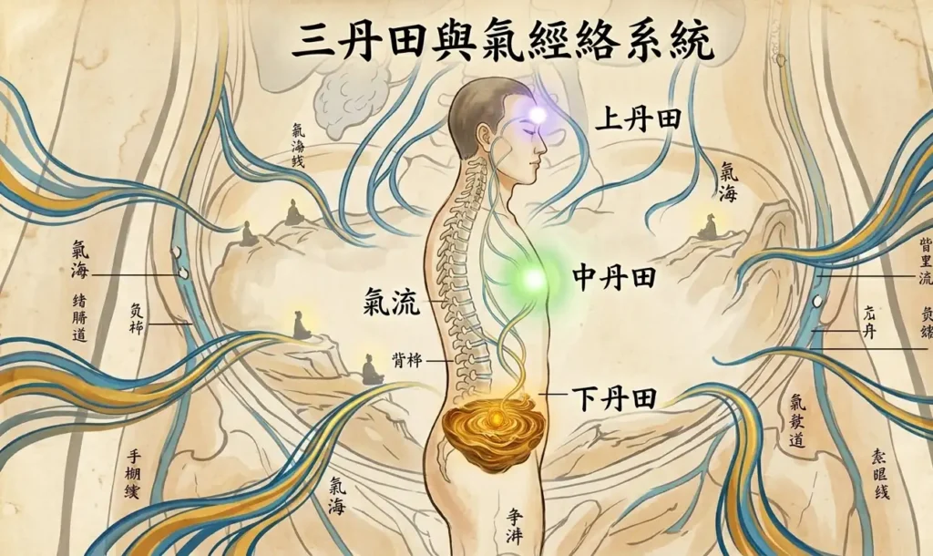 Classical Chinese medical diagram of a human figure showing three glowing dantian energy centers