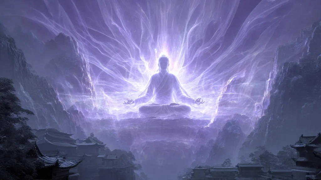Cultivator in meditation with the upper dantian glowing as a hall of white light between the eyebrows