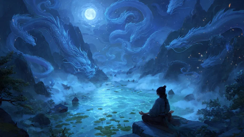 A cultivator meditates beside a river as water dragons spiral through the air around them.