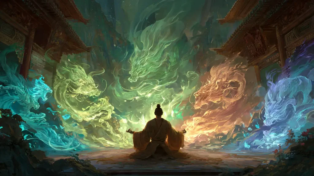 A cultivator meditates as five elemental energies swirl around them in a mountain temple.