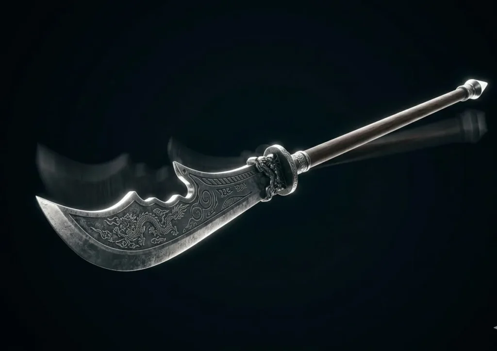 A floating Guan Dao weapon rotating in a dark void with rim lighting and high-detail metal textures.