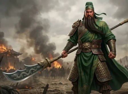Guan Yu holding a fully visible Guan Dao in full armor on a battlefield