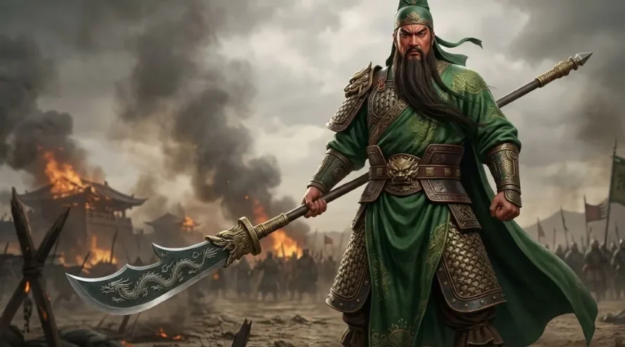 Guan Yu holding a fully visible Guan Dao in full armor on a battlefield