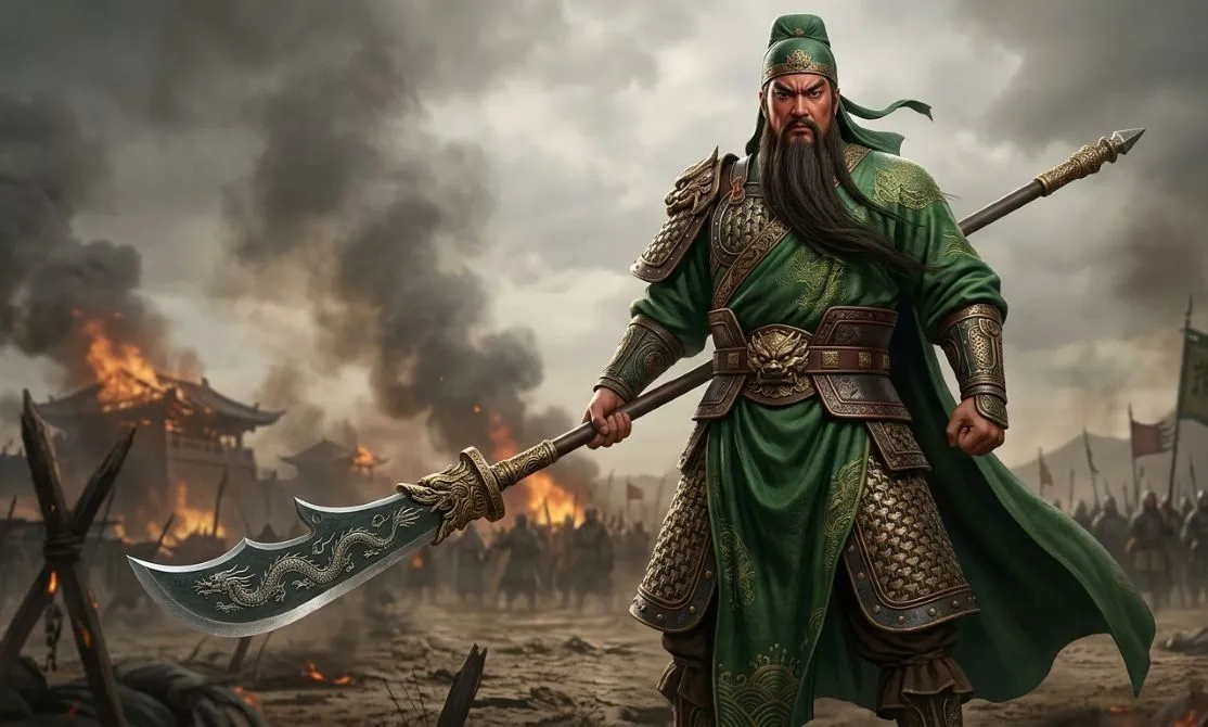 Guan Yu holding a fully visible Guan Dao in full armor on a battlefield