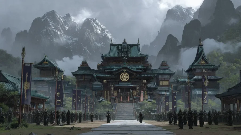 Murim sect headquarters showing structured martial arts society with warriors and hierarchy