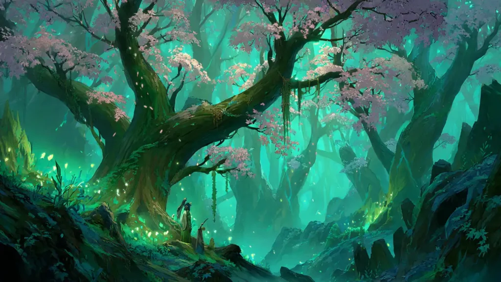 A cultivator in a glowing forest channels Wood energy as vines and blossoms grow around them.