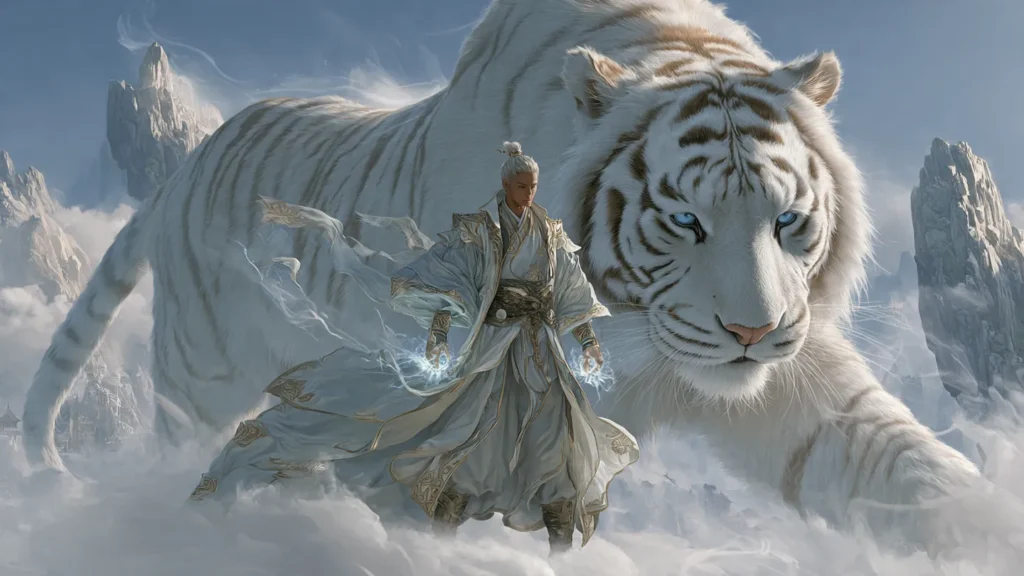 Xianxia cultivator in white robes standing back to back with a glowing white tiger divine beast