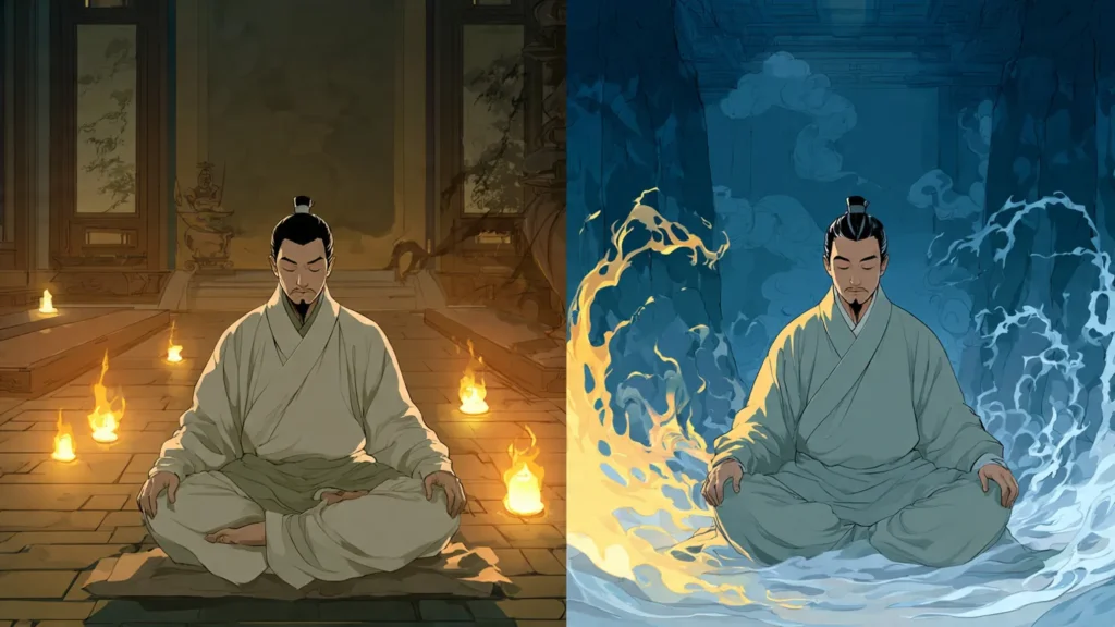 a quiet Daoist meditator with three dantians and a xianxia cultivator with a single blazing visible dantian