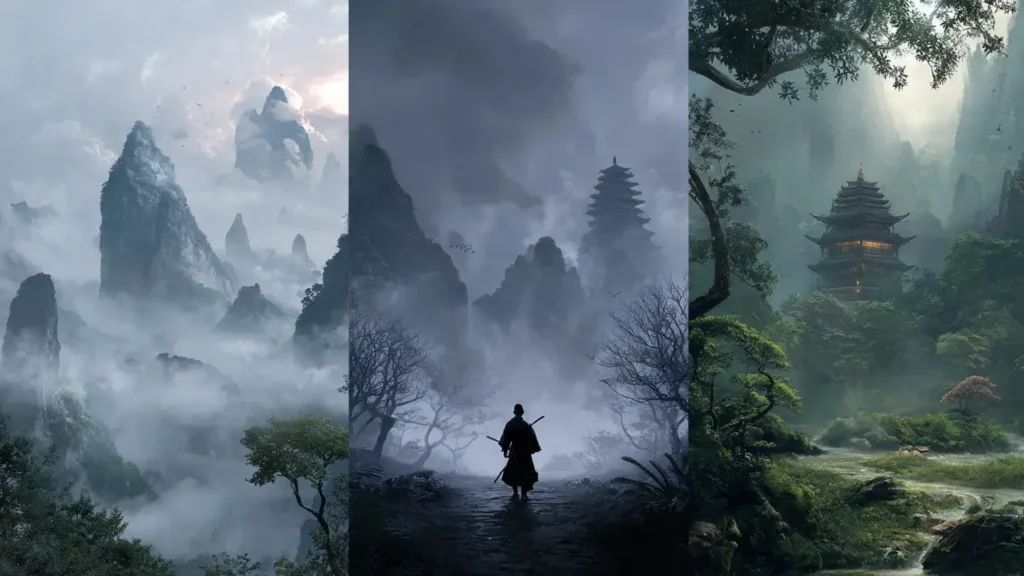 Side By Side Images Depicting Xianxia, Wuxia, and Xuanhuan Landscape.