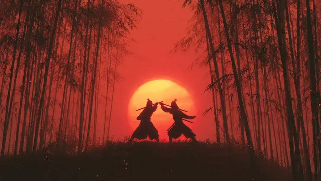 Two Jianghu Heroes Fighting Under the Red Moon