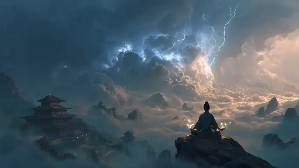 A Lone Immortal Cultivator Sitting on a Mountain Peak Comprehending Dao.