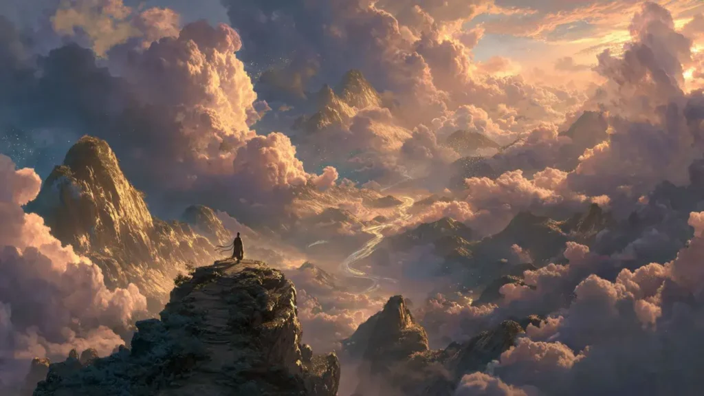 A lone cultivator standing on a mountain peak comprehending dao