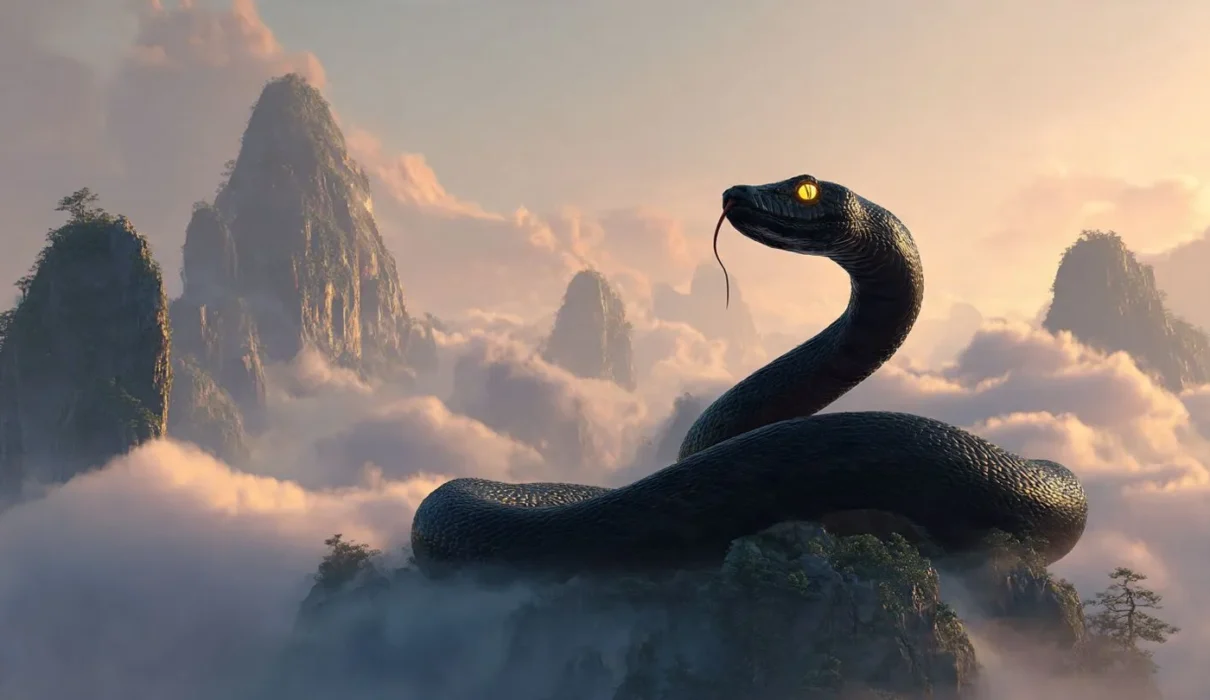 Black snake protagonist from Snake Immortal cultivating on a misty mountain peak with qi energy
