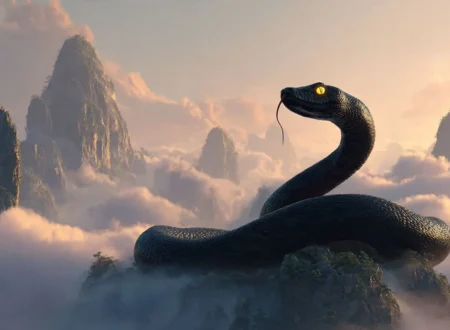 Black snake protagonist from Snake Immortal cultivating on a misty mountain peak with qi energy