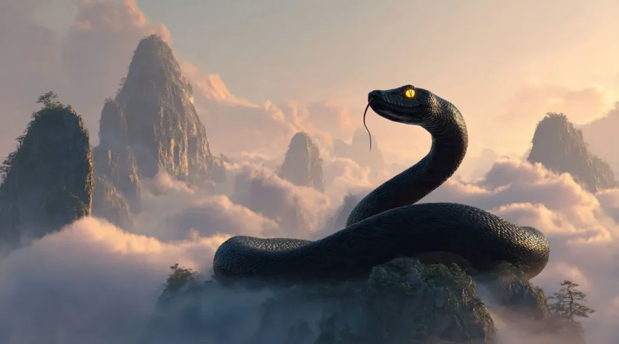 Black snake protagonist from Snake Immortal cultivating on a misty mountain peak with qi energy