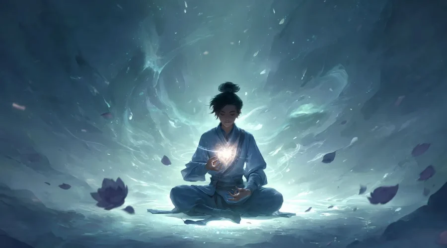 A young cultivator comprehending his Dao Heart.