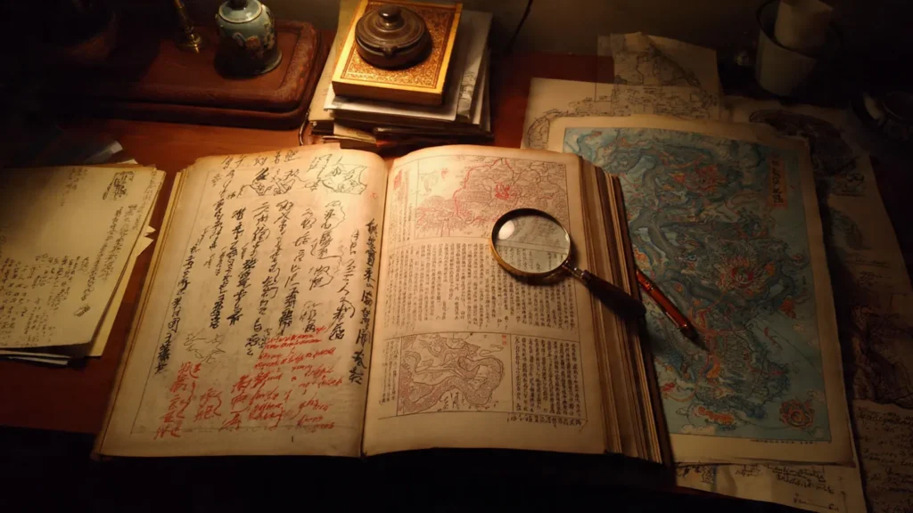 Ancient Chinese medical text open to a classical meridian body map showing qi channel pathways and acupoints drawn in ink brush style