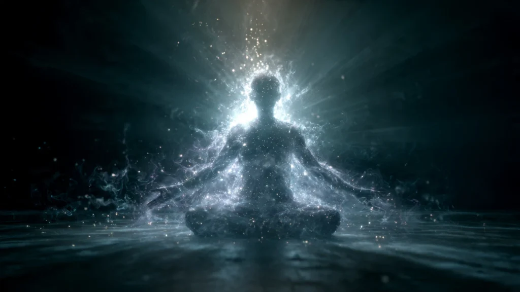 body dissolving into light, emerging as radiant immortal form