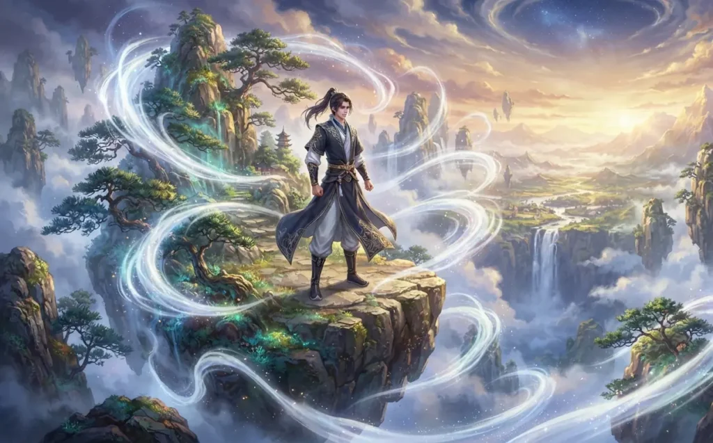 Cultivator overlooking floating mountains filled with spiritual energy.