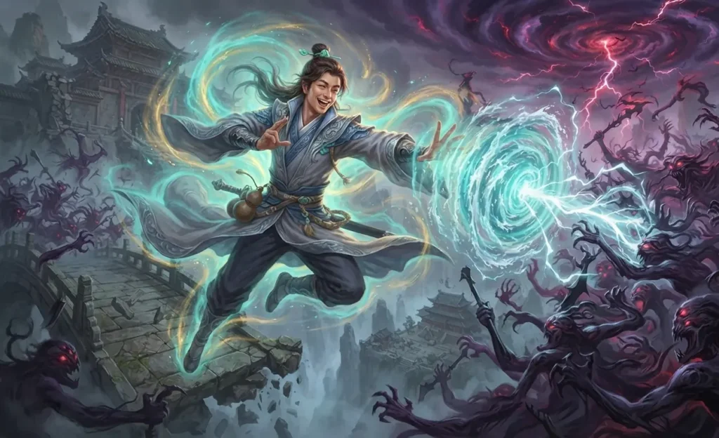 Humorous cultivator escaping danger with powerful magic.