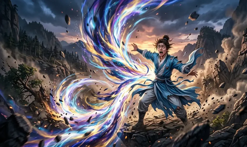 Bai Xiaochun using powerful techniques with exaggerated fear.