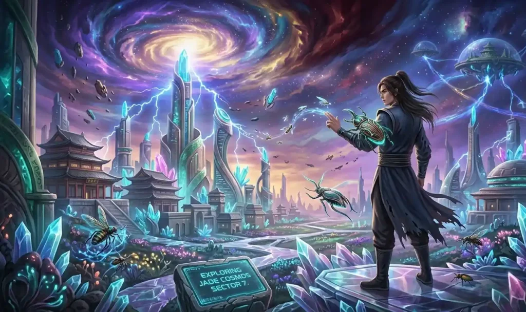 Cultivator traveling through a futuristic cultivation universe.