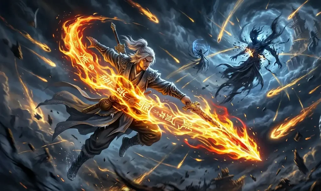 Yun Che fighting with blazing divine flames and energy.
