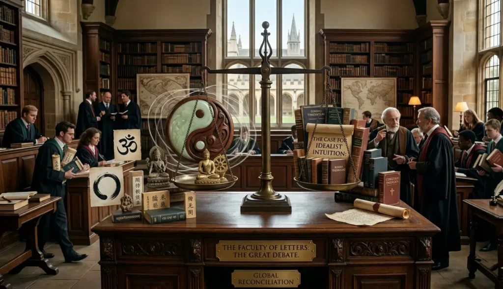 Contrast between religious scripture and Eastern spiritual symbols depicted through a balance scale