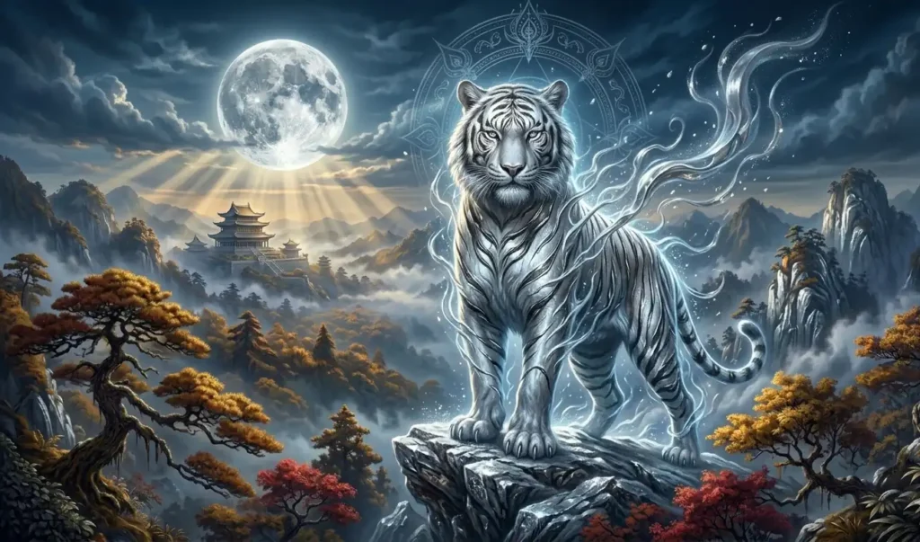 White Tiger standing on silver mountains surrounded by metallic energy.
