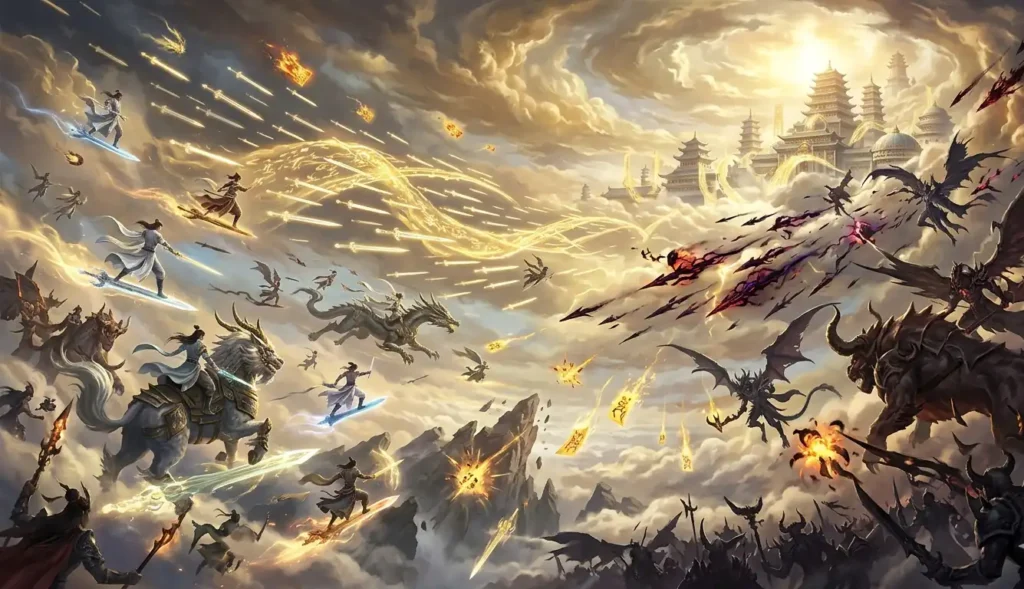Immortal cultivators and demonic armies clash in a massive aerial battle filled with flying swords and spiritual explosions.