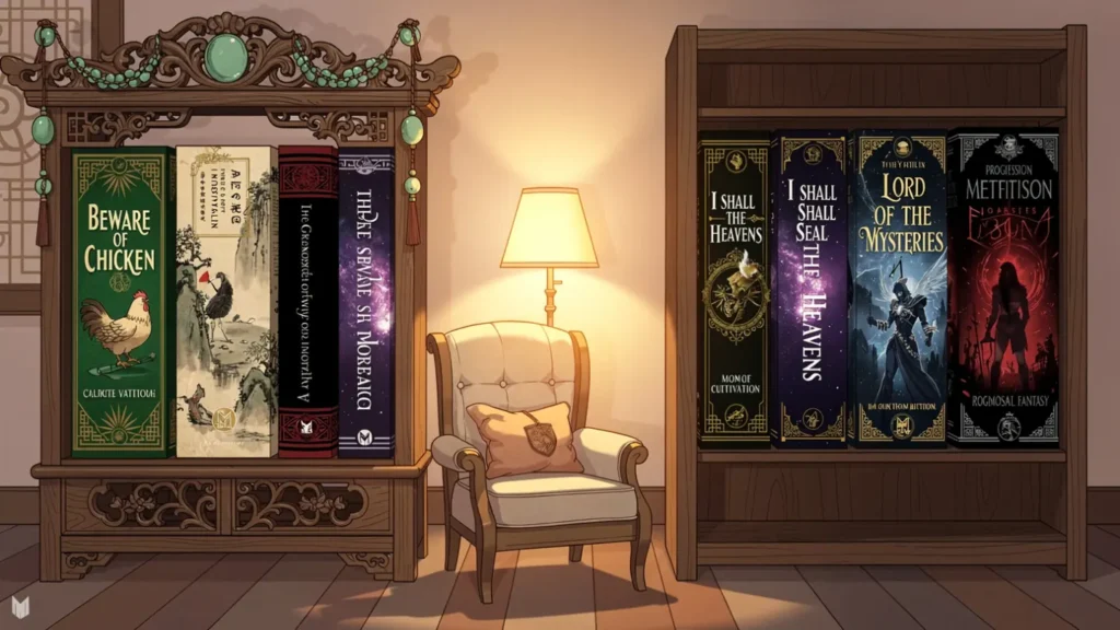 Two illustrated bookshelves facing each other showing five cultivation novel entry points on the left and five progression fantasy entry points on the right with a reading chair between