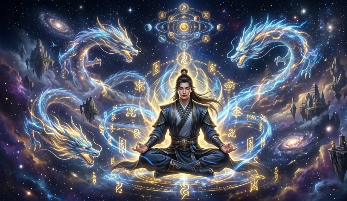 A cultivator in xianxia novels meditates among stars and cosmic symbols while celestial dragons circle around him.