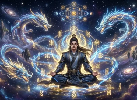 A cultivator in xianxia novels meditates among stars and cosmic symbols while celestial dragons circle around him.