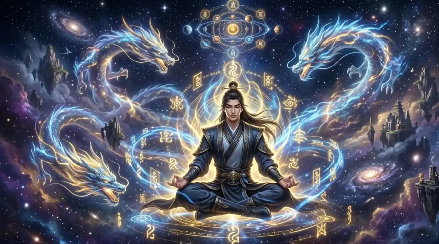 A cultivator in xianxia novels meditates among stars and cosmic symbols while celestial dragons circle around him.