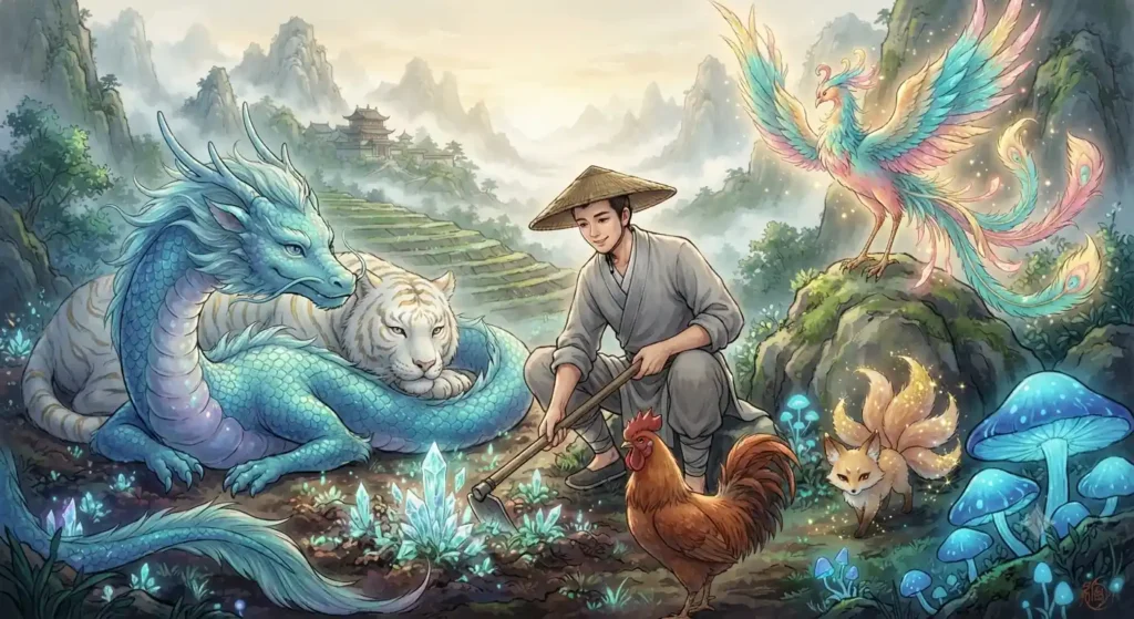 Farmer living a quiet life with spiritual companions.