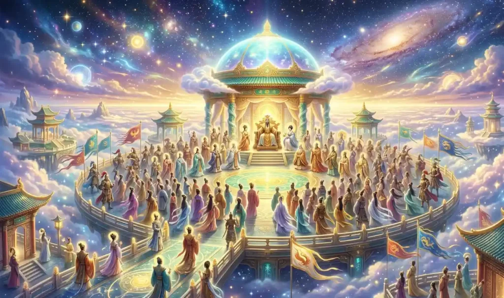 Chinese gods assembled together inside the Heavenly Court.