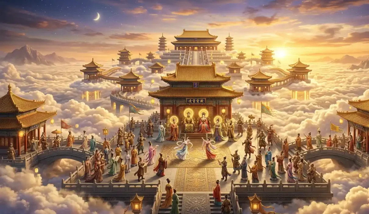 Chinese Heavenly Court filled with gods inside a celestial palace.