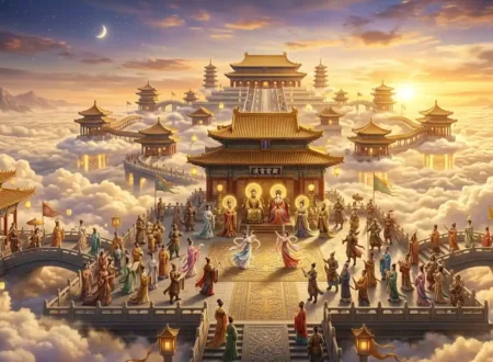 Chinese Heavenly Court filled with gods inside a celestial palace.