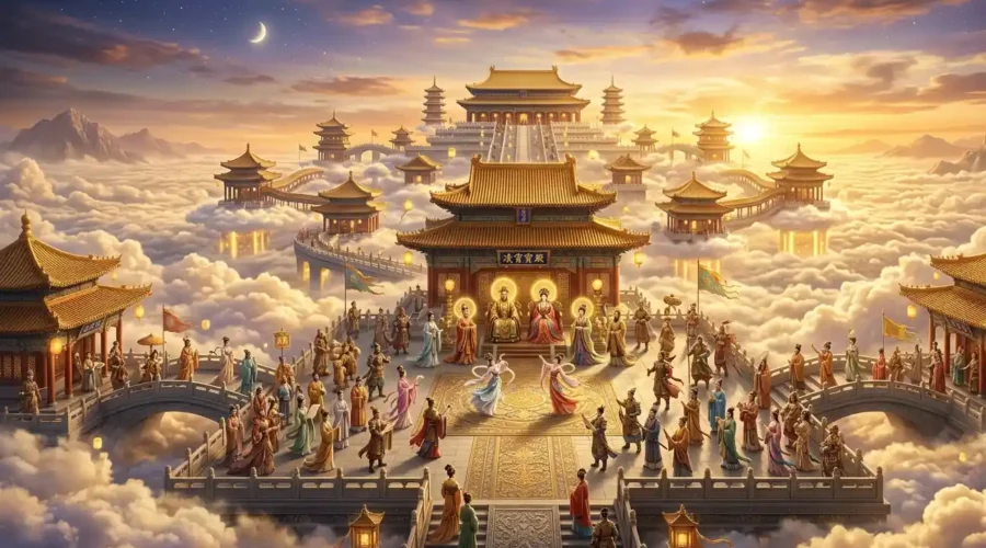 Chinese Heavenly Court filled with gods inside a celestial palace.