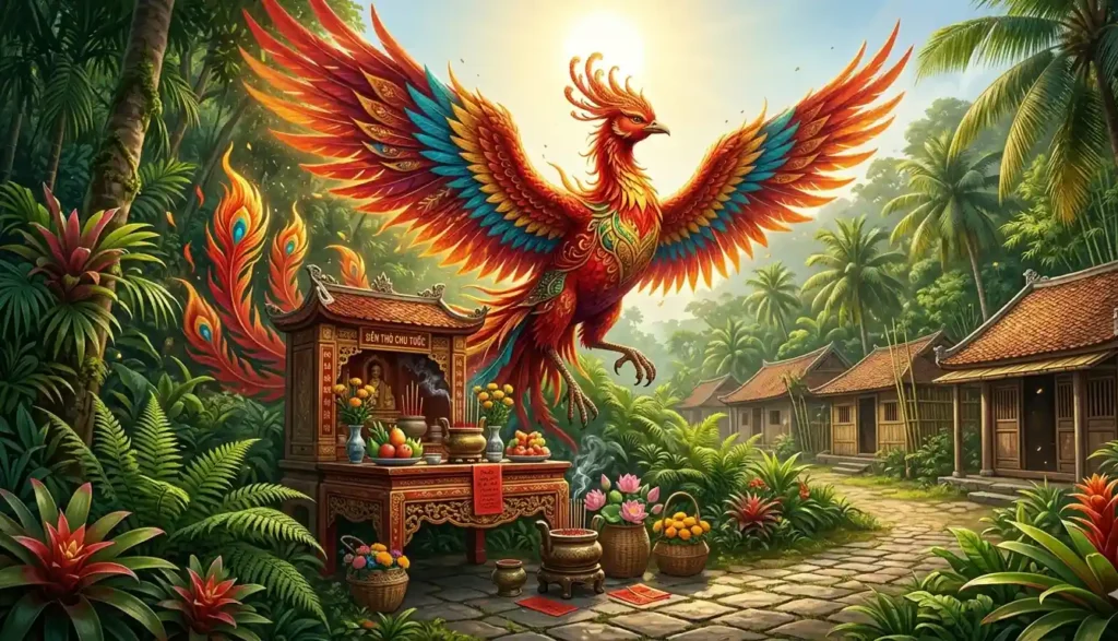 Vietnamese Vermilion Bird Chu Tuoc emerging from the tropical forest at noon near a traditional folk religion shrine