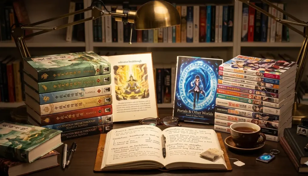 Reader's desk with xianxia novels left and isekai light novels right beside an open notebook of comparative reading notes in warm lamplight