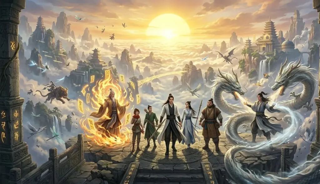 Several legendary cultivators stand together on a celestial cliff overlooking floating mountains and heavenly realms at sunrise.