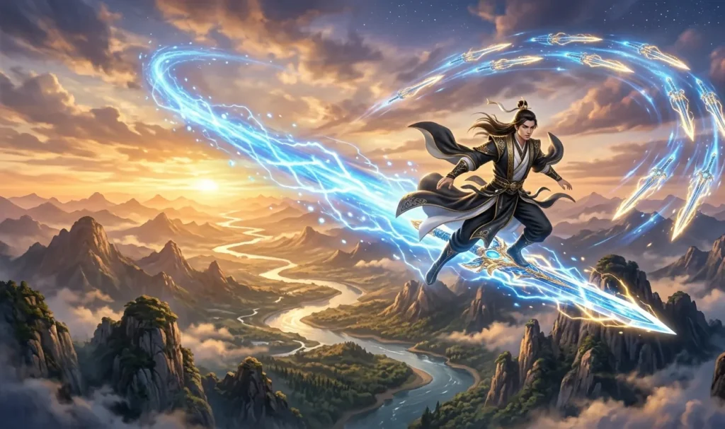 A sword immortal rides a glowing flying sword across the sky above vast mountain landscapes at sunrise.