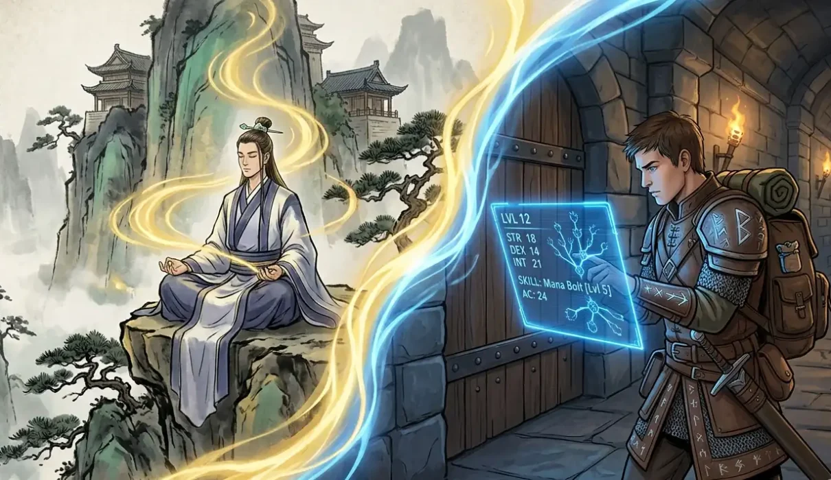 Split composition showing a xianxia cultivator in qi meditation on the left and a progression fantasy adventurer with a status screen on the right